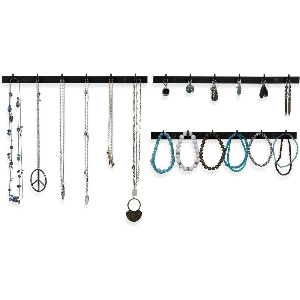 Hanging Jewelry Organizer with Black Hooks Set of 3 Wallniture‎ Puno